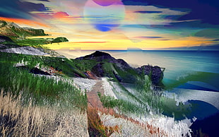 green grass field and ocean wallpaper, distortion, abstract, photo manipulation, psychedelic