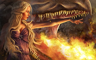 Daenerys Targaryen with dragon illustration HD wallpaper