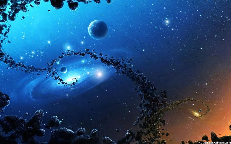 galaxy and asteroids wallpaper HD wallpaper