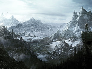 person standing on mountain covered by snows, The Elder Scrolls V: Skyrim, video games