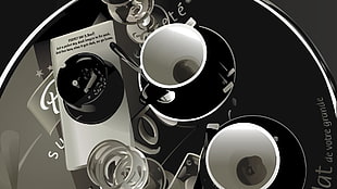 white and black ceramic teacups and saucers on round clear glass table HD wallpaper
