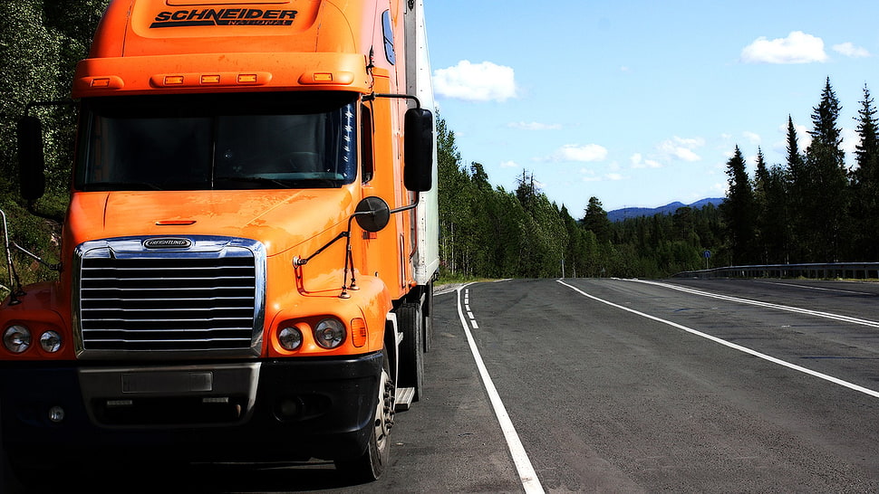orange freight truck, trucks, freightliner HD wallpaper