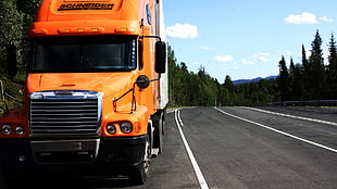 orange freight truck, trucks, freightliner