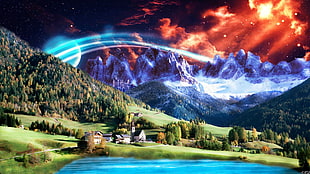 house near mountain and body of water illustration, landscape, photo manipulation, village, hills HD wallpaper