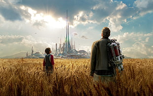 man and boy in brown wheat field 3D wallpaper, Tomorrowland (movie), men, George Clooney, children