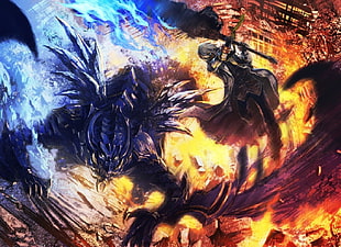 multicolored swordsman wallpaper, God Eater, explosion, ruin, building