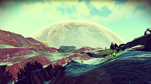 moon near hill with grass digital wallpaper, No Man's Sky, video games HD wallpaper