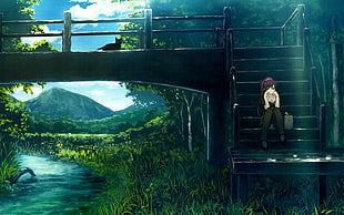 female anime sitting on stair of bridge beside riverbank surrounded by trees