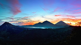 silhouette of mountain, nature, landscape, sunset, clouds