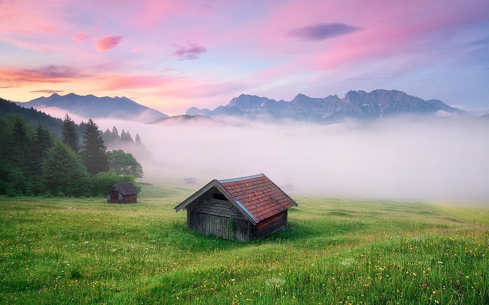 brown and gray house on grass field digital wallpaper, nature, landscape, Alps, grass HD wallpaper
