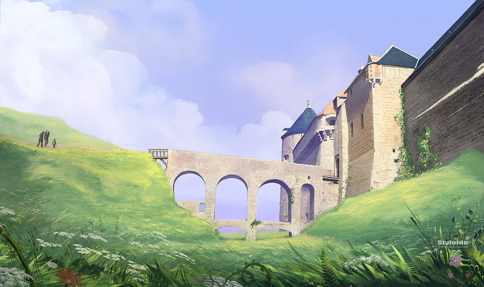 brown building surrounded with green grass painting, fantasy art, castle, arch, hills HD wallpaper