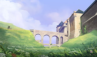 brown building surrounded with green grass painting, fantasy art, castle, arch, hills