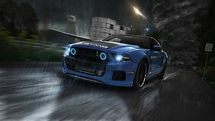 blue coupe wallpaper, 3D, Ford Mustang, vehicle, blue cars