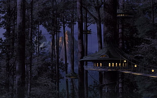 black tree house, trees, bridge, forest, artwork