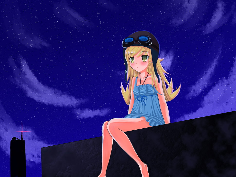 girl in blue spaghetti strap dress anime character 3D wallpaper HD wallpaper