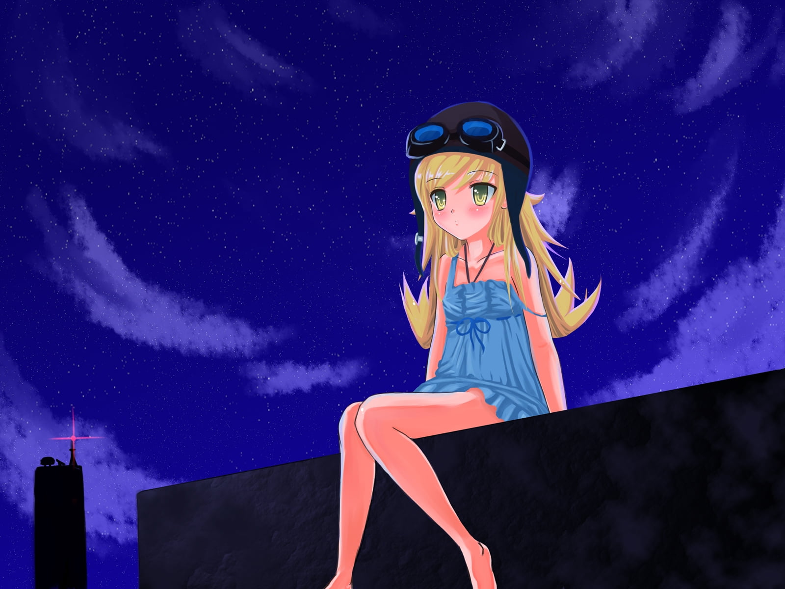 girl in blue spaghetti strap dress anime character 3D wallpaper