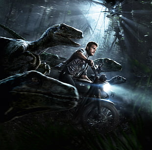 Jurassic World man in motorcycle with raptors wallpaper HD wallpaper