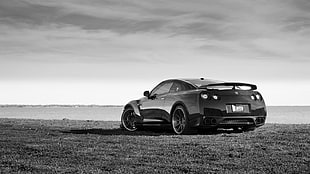 black coupe greyscale photo HD wallpaper