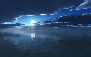 body of water under full moon wallpaper, sea, sky