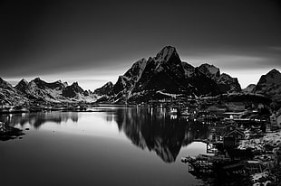 body of water, Norway, landscape, monochrome, mountains