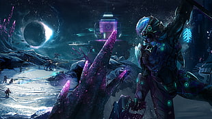 blue character in outer space setting