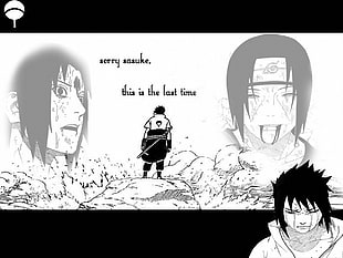 white and black printed crew-neck shirt, Naruto Shippuuden, brothers, Uchiha Sasuke, manga