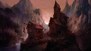 brown house on hill illustration, Castlevania: Mirror of Fate, Castlevania, video games, concept art