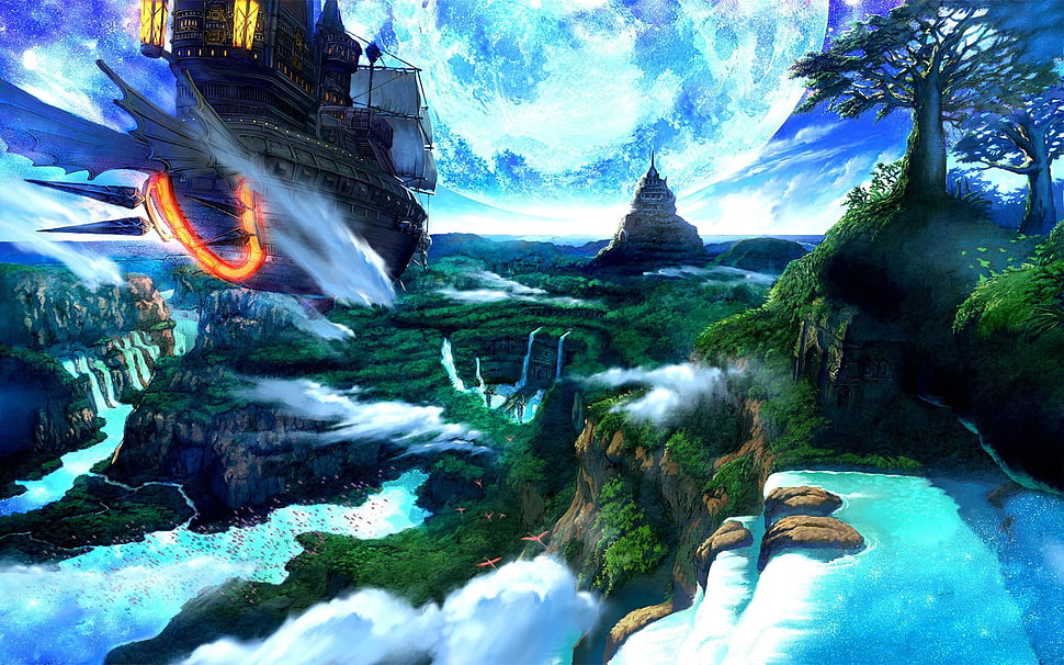 forest digital art, airships, fantasy art, waterfall HD wallpaper