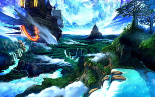 forest digital art, airships, fantasy art, waterfall