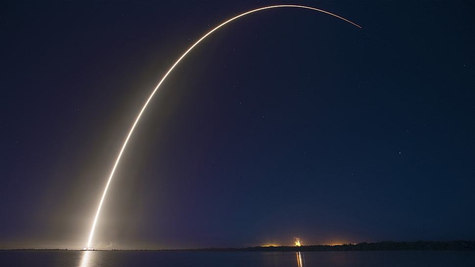 rocket launch illustration, sky, night HD wallpaper
