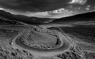 grayscale photo of road, landscape, road, hairpin turns, monochrome