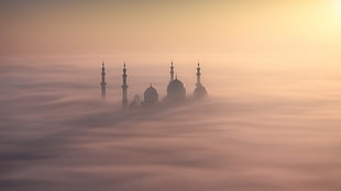 mosque atop clouds during daytime, nature, landscape, mist, temple