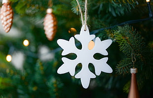 white snowflake ornament, Snowflake, Christmas tree, Decoration