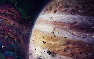 brown spaceship probing on \Jupiter Wallpaper, space, universe, planet, meteors HD wallpaper