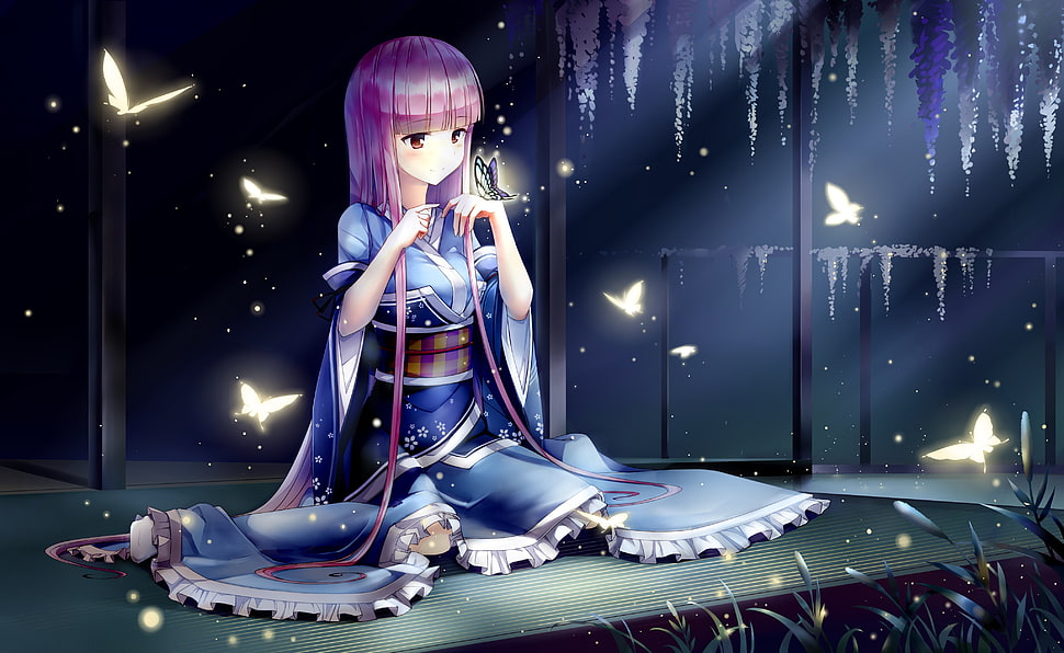 purple haired female anime character 3D wallpaper, Japanese clothes, Saigyouji Yuyuko, Touhou, butterfly HD wallpaper