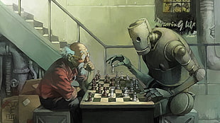 man playing chess with robot illustration, robot HD wallpaper