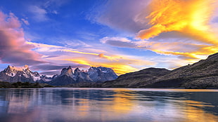 calm body of water and glacier mountains, landscape, sunset, nature