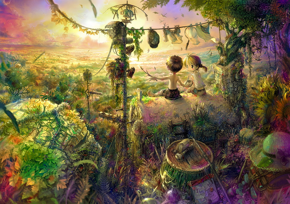green and purple tree painting, digital art, colorful, children, fantasy art HD wallpaper