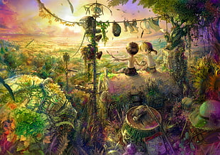 green and purple tree painting, digital art, colorful, children, fantasy art