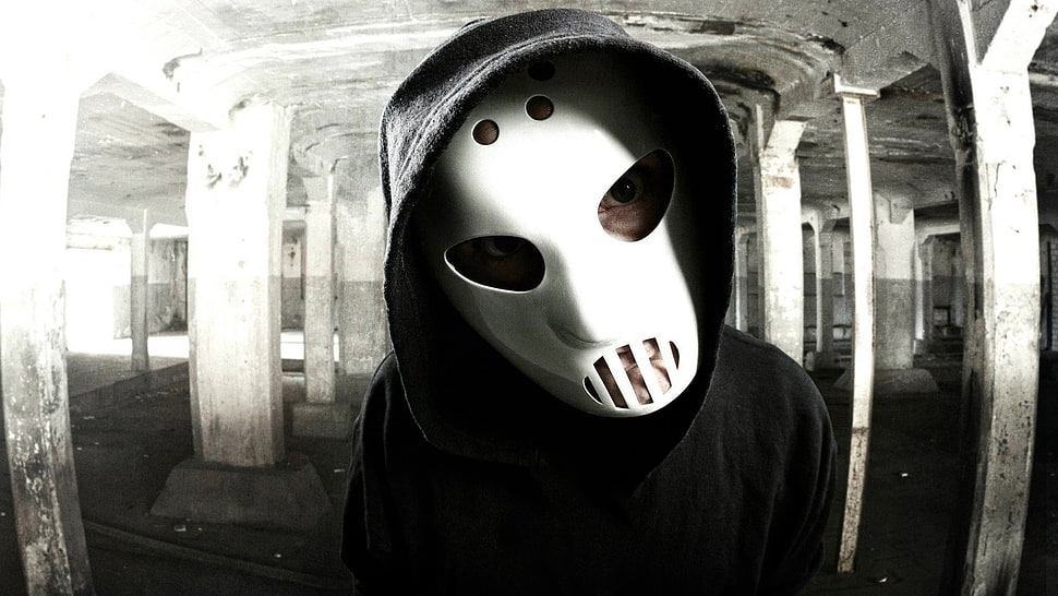 white face mask and black hoodie top, Angerfist, hockey mask, mask, EDM HD wallpaper