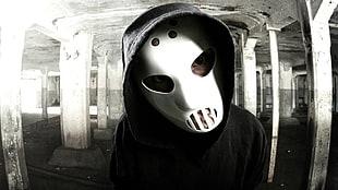 white face mask and black hoodie top, Angerfist, hockey mask, mask, EDM