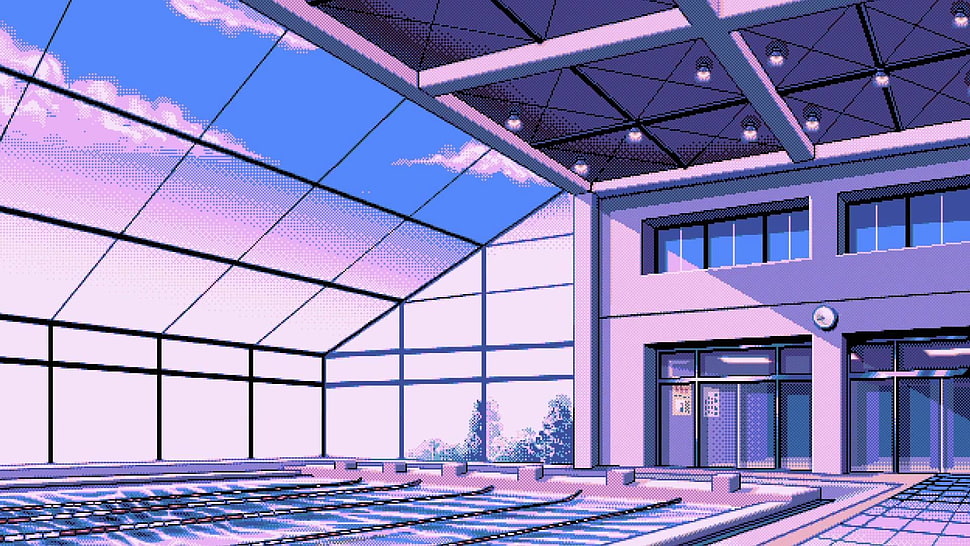 swimming pool illustration, pixel art, swimming pool, window HD wallpaper