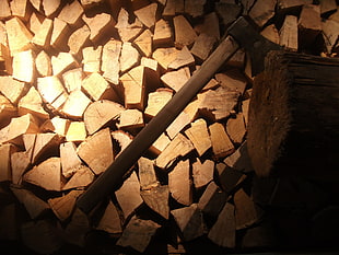 brown wooden handled metal ax, wood