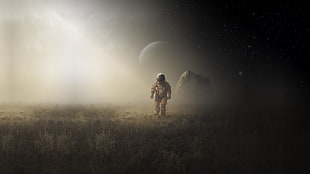 astronaut walking on ground digital wallpaper, science fiction, astronaut, planet, Michał Klimczak