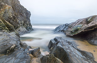 rocks beside beach covered in fogs HD wallpaper