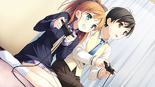 male and female character playing game application illustration