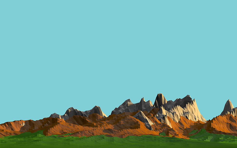brown mountain in front of green grass field digital wallpaper, low poly, mountains, digital art, landscape HD wallpaper