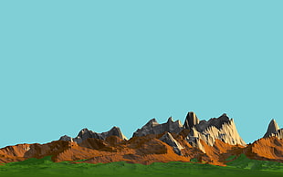 brown mountain in front of green grass field digital wallpaper, low poly, mountains, digital art, landscape