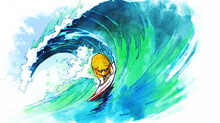 ocean wave painting, dog, surfing, drawing
