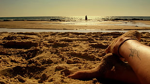 person lying on sand seashore HD wallpaper